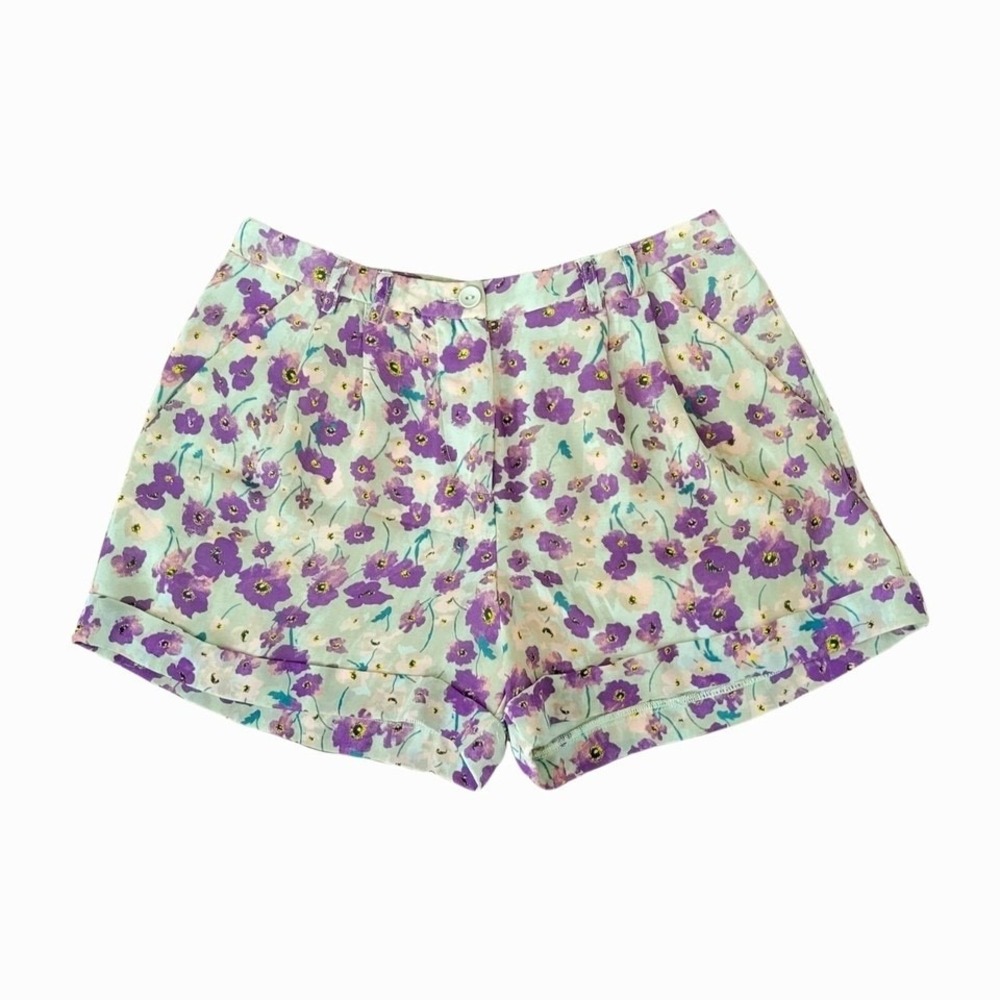Kimchi Blue UO Women's 0 High Waist Floral Lightweight Cuffed Shorts Tan Purple